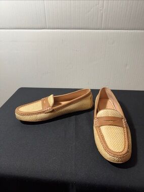 Women’s Tan Raffia Penny Loafers — Casual Slip-On Flats